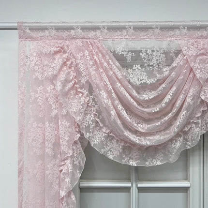 Pink Flower Ripple Sheer Lace Curtain Valance – Rod Pocket, Custom Width