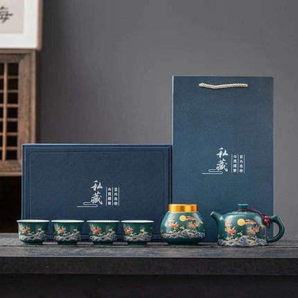 Elegant Chinese Kung Fu Tea Ceremony Set with Teapot and Four Cups in Luxurious Gift Box