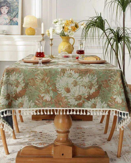 Elegant Floral Jacquard Tablecloth with Charming Tassel Details - Transform Your Dining Atmosphere