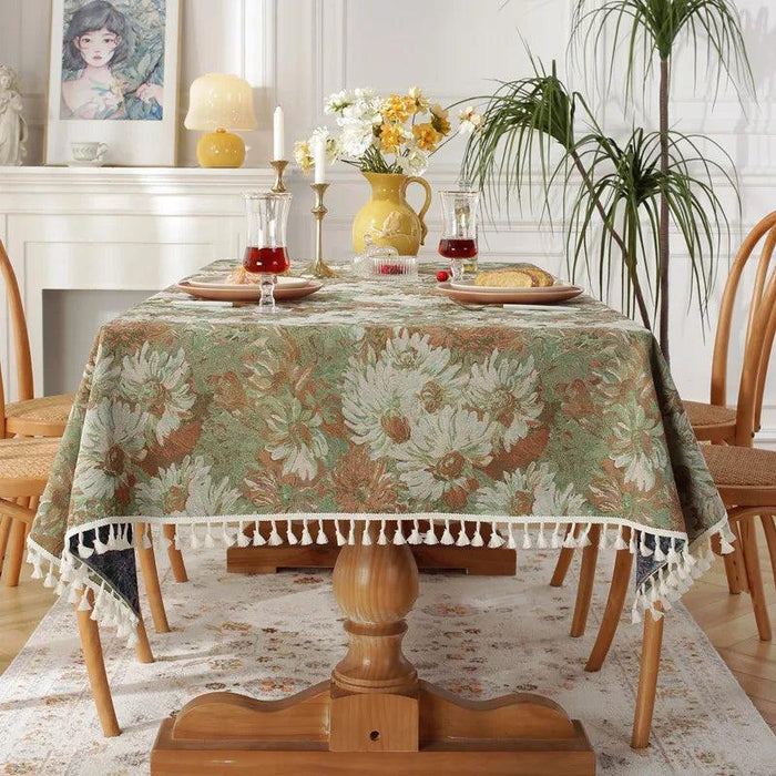 Elegant Floral Jacquard Tablecloth with Charming Tassel Details - Transform Your Dining Atmosphere