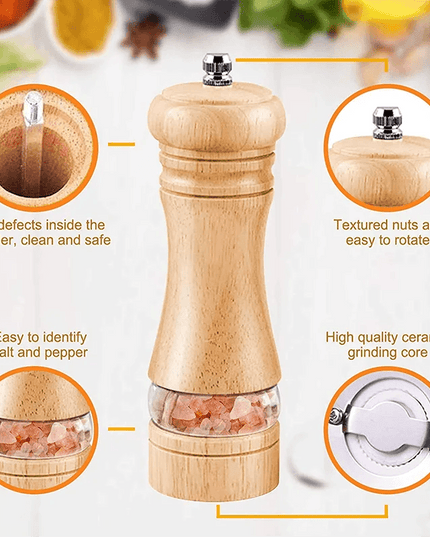 Vintage Handcrafted Wooden Spice Mill Set - 6-Inch Gourmet Salt and Pepper Grinders