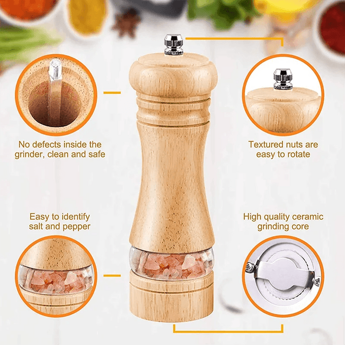 Vintage Handcrafted Wooden Spice Mill Set - 6-Inch Gourmet Salt and Pepper Grinders