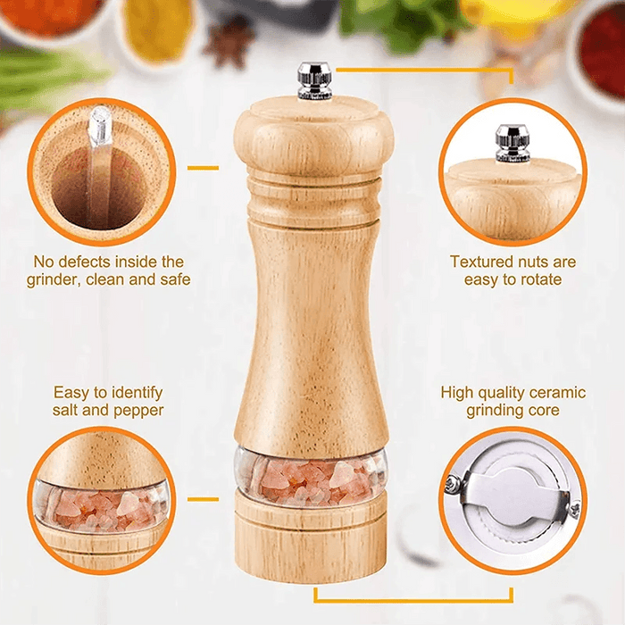 6-Inch Vintage Solid Wood Salt and Pepper Mill Set - Handcrafted Manual Grinder for Exquisite Seasonings