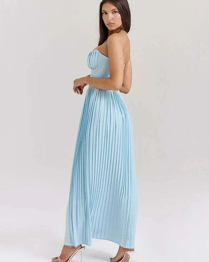 Glamorous Off-Shoulder High Waist Pleated Maxi Dress - Backless Bodycon Long Gown for Women