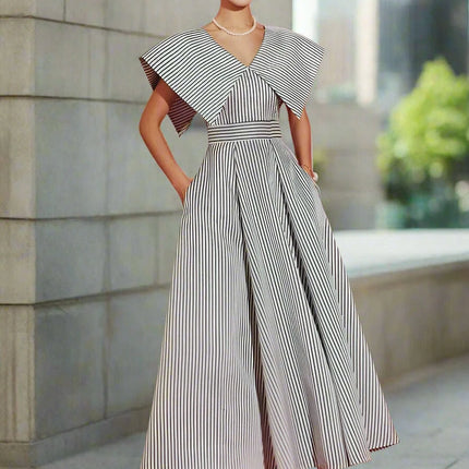 Striped High-Waisted Evening Dress with Oversized Collar for Women – 2024 Summer Collection 35Z657
