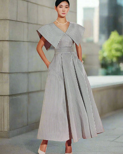 Striped High-Waisted Evening Dress with Oversized Collar for Women – 2024 Summer Collection 35Z657