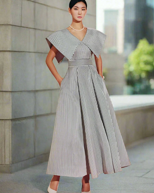 Striped High-Waisted Evening Dress with Oversized Collar for Women – 2024 Summer Collection 35Z657