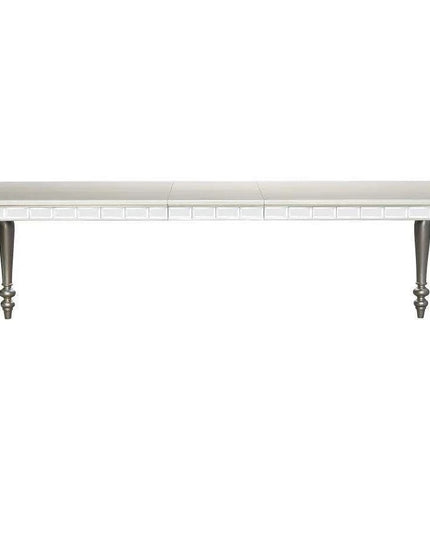 Glistening Silver Dining Ensemble with Crystal-Accented Tufted Chairs