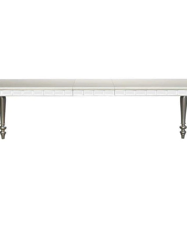 Glistening Silver Dining Ensemble with Crystal-Accented Tufted Chairs