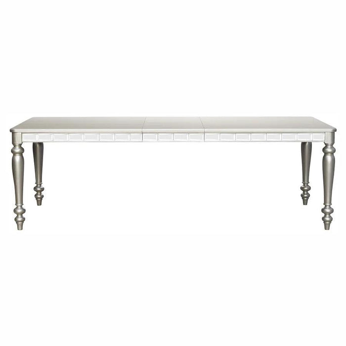 Glistening Silver Dining Ensemble with Crystal-Accented Tufted Chairs