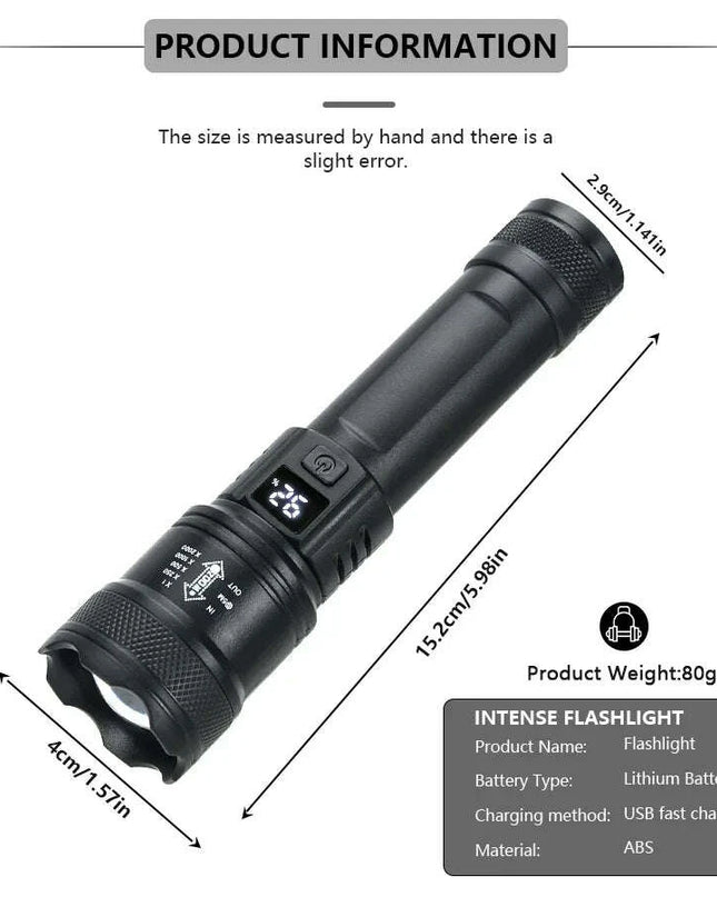 High Strong Power Led Flashlights 2000LM Tactical Torch with Display Light USB Charging Camping Fishing Emergency Zoom Lantern