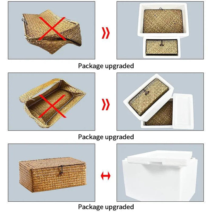 Natural Seagrass Organizer Basket with Lid - Stylish Storage Solution for Cosmetics, Sundries, and Laundry