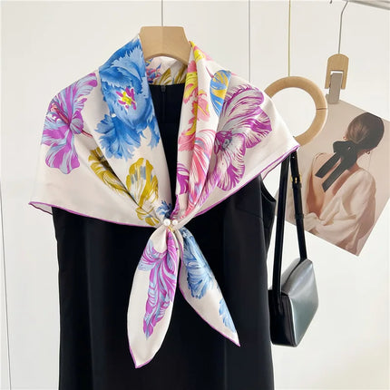 Luxury Floral Silk Scarf – 90x90cm Hand-Rolled Twill