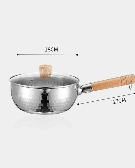Japanese Stainless Steel Snow Pan with Ergonomic Wooden Handle and Lid - Perfect for Stewing, Frying, and Milk Heating