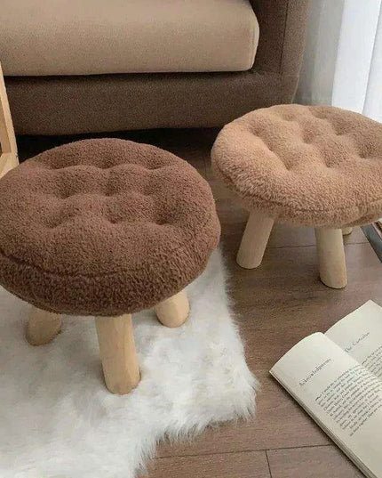 Scandinavian Round Wooden Pouf Stool with Easy-Care Cover