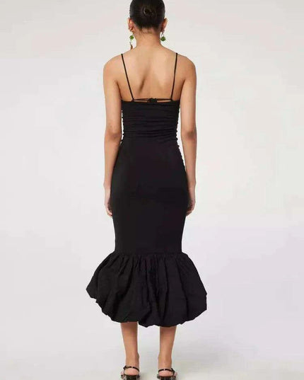 Sleek Black Spaghetti Strap Fishtail Evening Dress - High Waist Glamour for Women