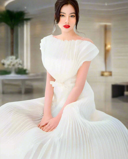 High Waist Summer Dress with 3D Pleats and Bow Accent - Sleeveless Slash Neck Design