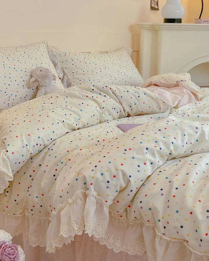 Korean Princess Floral Lace Ruffle Cotton Bedding Collection - Luxurious Single/Queen Duvet Cover, Sheet, and Pillowcase Set (3/4 Pieces)