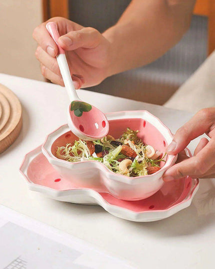Strawberry Delight Dining Ensemble: Bowl, Spoon, and Plate Set