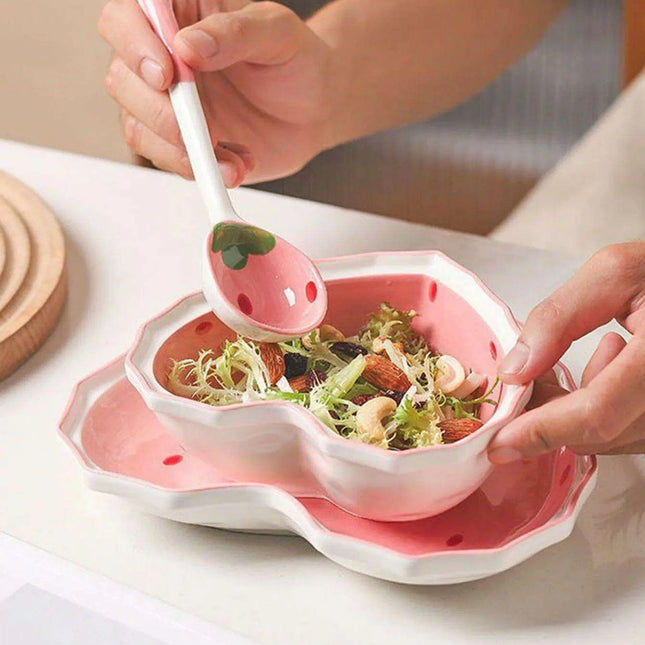 Strawberry Delight Dining Ensemble: Bowl, Spoon, and Plate Set
