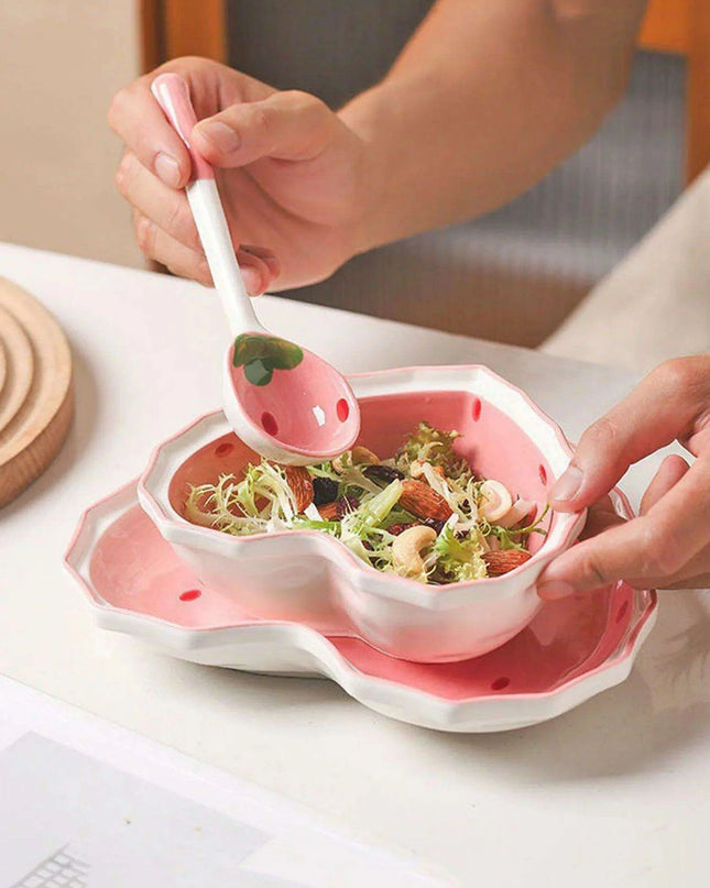 Strawberry Delight Dining Ensemble: Bowl, Spoon, and Plate Set