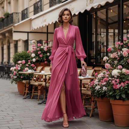 Deep V Neck Long Sleeve Maxi Dress — Wrap Tie Waist, High Slit