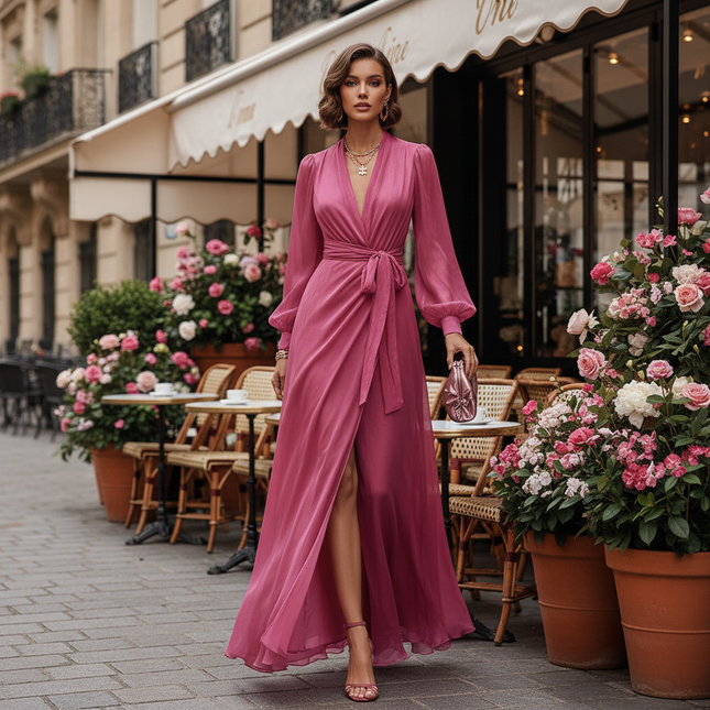 Deep V Neck Long Sleeve Maxi Dress — Wrap Tie Waist, High Slit