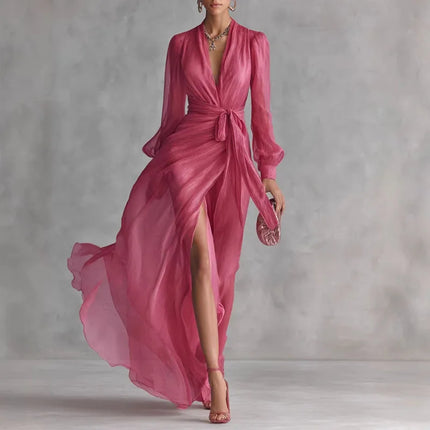Deep V Neck Long Sleeve Maxi Dress — Wrap Tie Waist, High Slit
