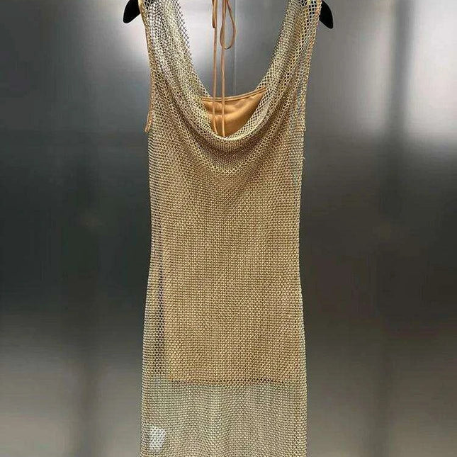 Elegant Backless Diamond Patchwork Dress with Stylish Collar - A Fashion Essential for Women