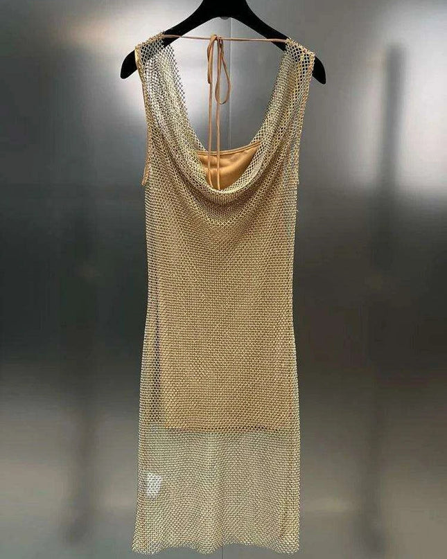 Elegant Backless Diamond Patchwork Dress with Stylish Collar - A Fashion Essential for Women