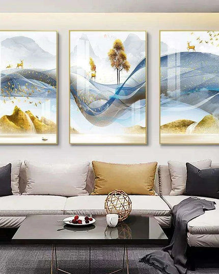 Nordic Elegance: Golden Deer Abstract Landscape 3-Piece Canvas Art Set with Customizable Borders for Luxury Home Decor