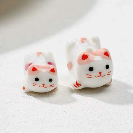Charming Anime-Inspired Lucky Cat Ceramic Beads for Creative Jewelry Projects - 15x21mm Porcelain Essentials with Vertical Hole