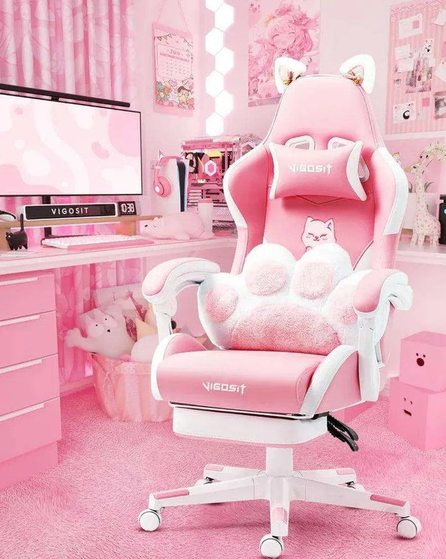 Adorable Pink Gaming Chair with Cat Ear Design and Adjustable Lumbar Support for Female Gamers