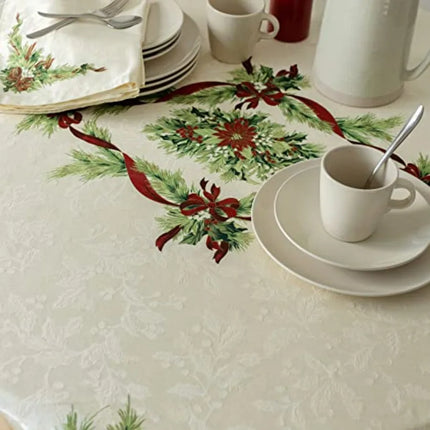 Christmas Ribbons Printed Tablecloth — 70" Round Festive Table Cover