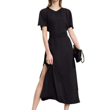 Chic Minimalist V-Neck Pleated Summer Dress with Lace-Up Detail for Women