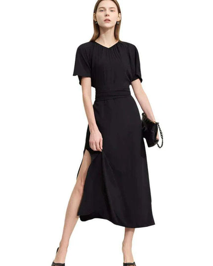 Chic Minimalist V-Neck Pleated Summer Dress with Lace-Up Detail for Women