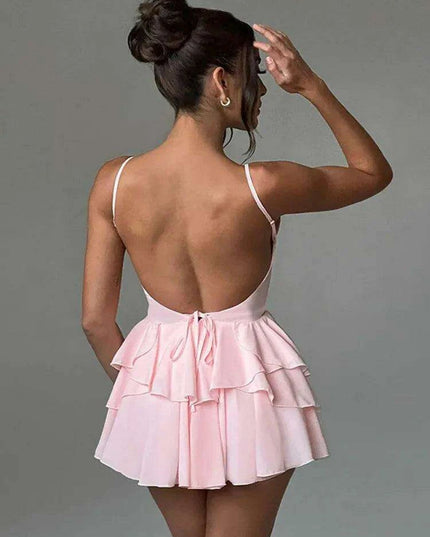 Elegant Backless Ruffled V Neck Summer Mini Dress for Women - Ideal for Parties and Gatherings