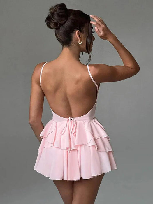 Elegant Backless Ruffled V Neck Summer Mini Dress for Women - Ideal for Parties and Gatherings