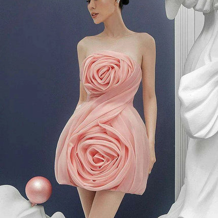 3D Floral Strapless Mini A-line Dress for Women – Slim Waist