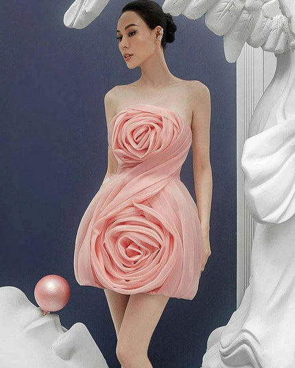 3D Floral Strapless Mini A-line Dress for Women – Slim Waist