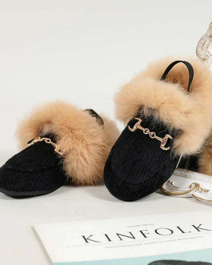 Charming Kids Black Fur Slip-On Slippers - Cozy Outdoor Slides for Boys and Girls