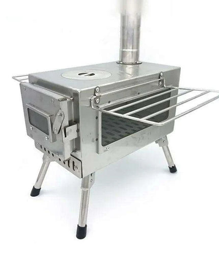 Compact Stainless Steel Outdoor Wood Stove with Chimney for Cooking and Heating