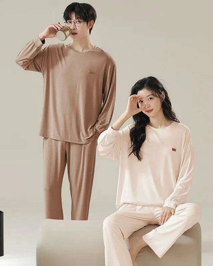 Chic Spring 2024 Modal Couples Pajama Set - Long Sleeve Loungewear with Cozy Round Neck