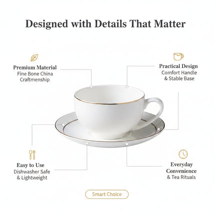 Gold-Rimmed Bone China Coffee Cup & Saucer Set | Très Elite