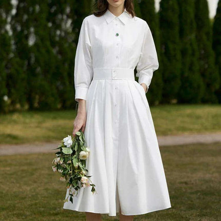 Elegant White Pleated Shirt Dress with Belt for Women - Spring Collection