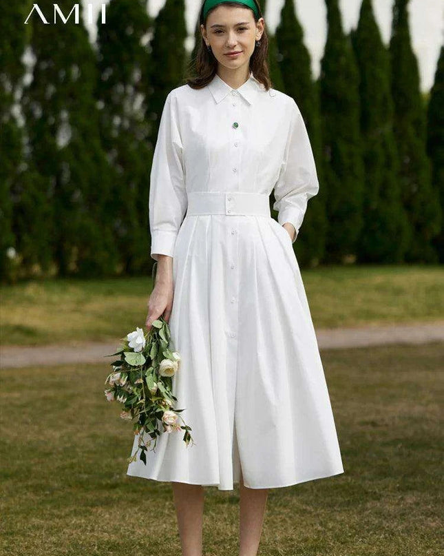 Elegant White Pleated Shirt Dress with Belt for Women - Spring Collection