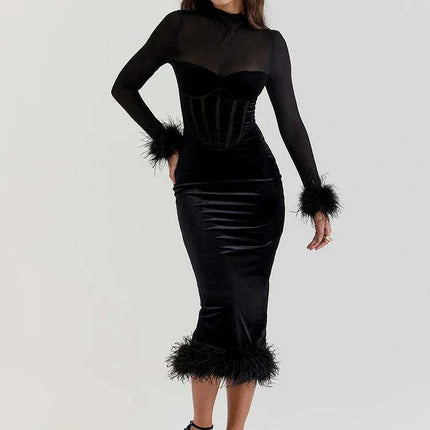 Chic Backless Midi Dress with Feather Details for Trendsetting Women