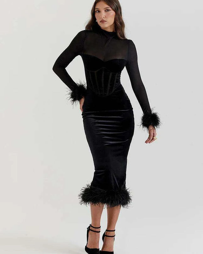 Chic Backless Midi Dress with Feather Details for Trendsetting Women