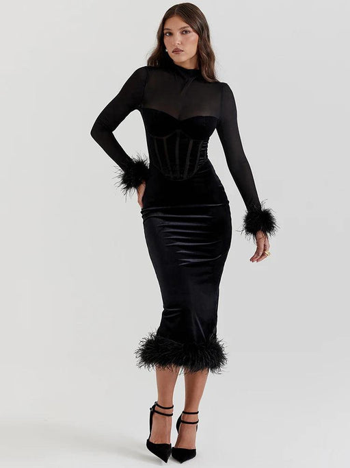 Chic Backless Midi Dress with Feather Details for Trendsetting Women