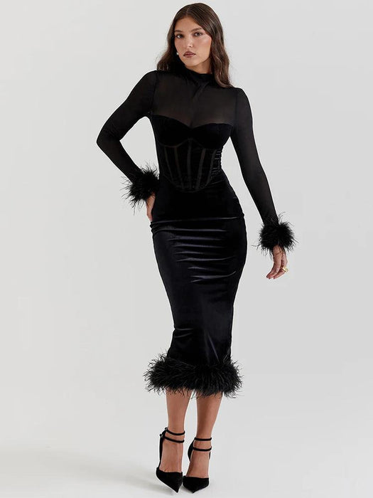 Chic Backless Midi Dress with Feather Details for Trendsetting Women